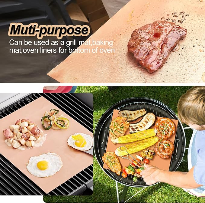 UBeesize Copper Grill Mats 6-Pack, Non-Stick PFOA-Free, 500°F Heat Resistant, Easy Clean, Cut-to-Fit for Gas/Charcoal/Infrared Grills, Camping Accessories for Steak Chicken Fish Vegetables