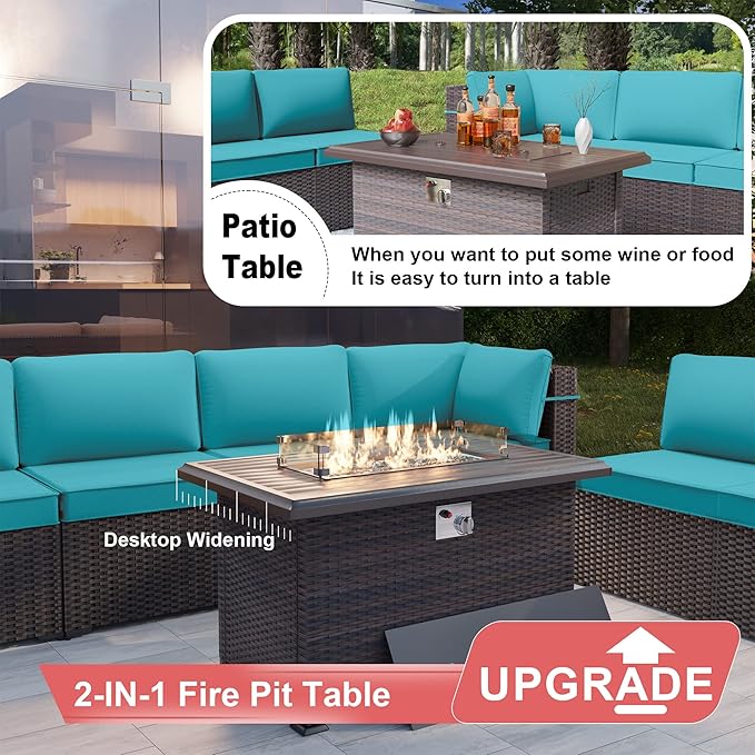 Patio Furniture Sectional Sofa Set 10-Pieces PE Rattan Patio Conversation Set w/43in Gas Fire Pit Table, Outdoor Furniture with 55000 BTU Propane Fire Pit, Blue