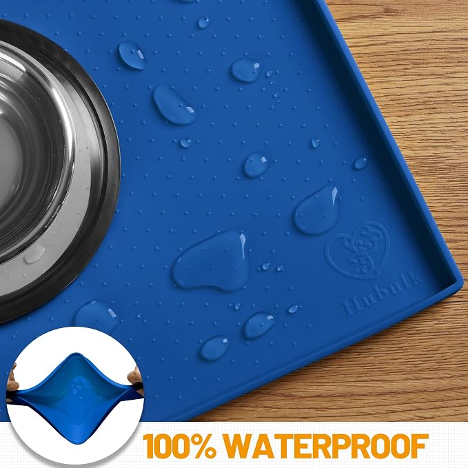 Hubulk Dog Feeding Mat,100% Waterproof Food Grade Silicone Pet Food and Water Bowl Placemat,Dishwasher, High Raised Edge to Prevent Spills,Nonslip Tray to Stop Messes on Floor（28"x18"x0.8", Navy）