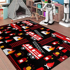Car Play Rug Fire Fighting Truck Area Rug Car Rug Play Mat Kids Rugs for Playroomcar Rug for Boys Room Carpet Floor Mat for Bedroom Living Room,Black 4'×5'