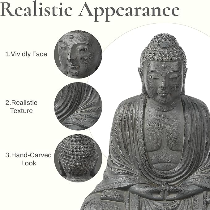 LuxenHome Buddha Statue Outdoor and Indoor, 17" Fiber Stone Meditating Buddha Garden Statues Outdoor, Zen Sculptures, Outdoor Statues for Garden, Patio, Backyard Deck