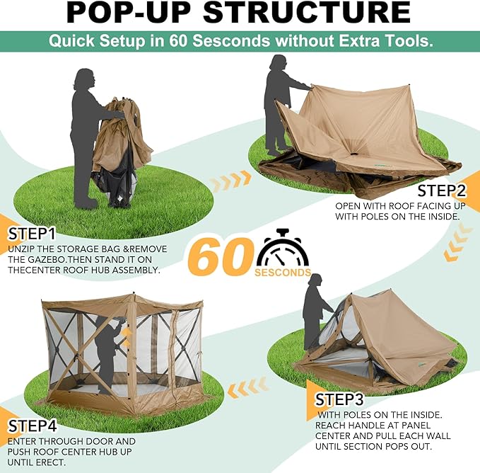 COBIZI 10x10ft Pop up Gazebo Screen House Tent for Camping, Pop-up Camping Canopy with Mesh Windows,Portable Outdoor Quick-Set Hub Tent with Carrying Bag&Ground Stakes,Khaki(Upgraded 2.0)