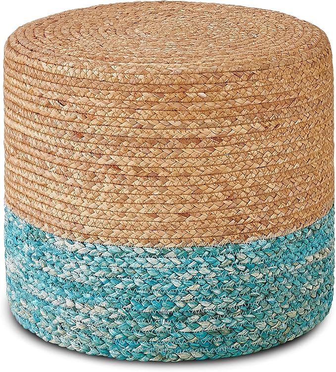 Wimarsbon 18'' Ottoman Pouf, Natural Braided Poof, Rustic Handweave Lounge Pouffe, Boho Footrest Stool for Bedroom, Accent Table for Living Room (Natural Water Hyacinth + Lake Blue Corn Husk)