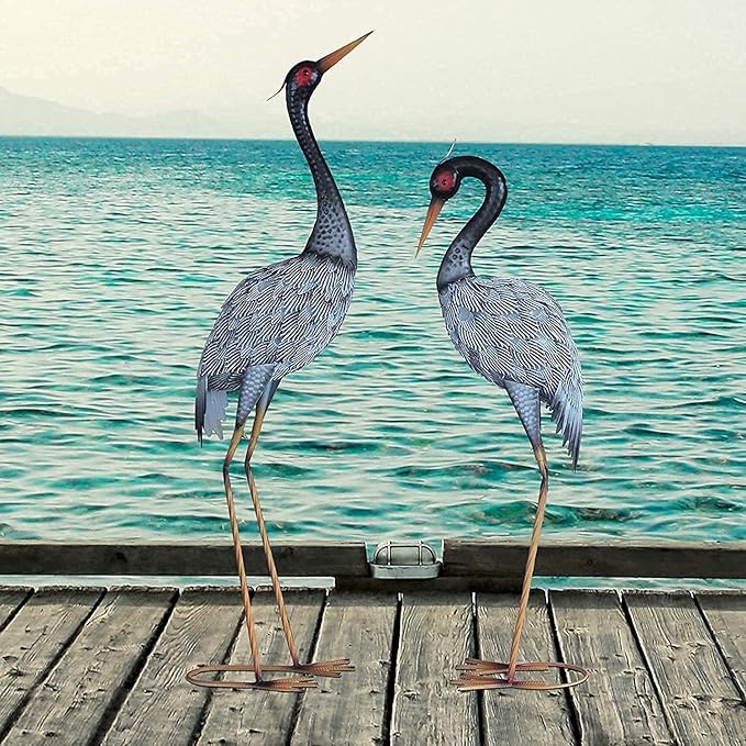 Crane Statue Garden Décor, Metal Heron Statue Yard Art for Outdoor Patio Lawn Backyard Pool Front Porch Deocr, Bird Garden Sculpture & Statues, Set of 2, Black and White