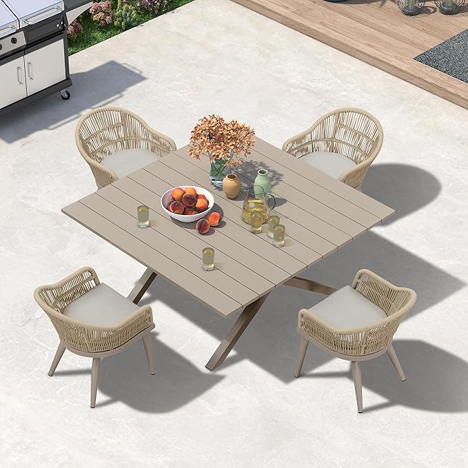 PURPLE LEAF 5 Pieces Oversized Square Patio Dining Set with Outdoor Aluminium Dining Table and Woven Chairs Modern Metal Furniture Cushions Sets for Garden Yard Indoor Decor Kitchen Champagne