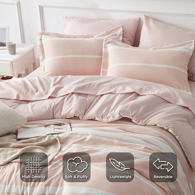 Bedsure Pink Comforter Set Full 7 Pieces, Light Pink White Striped Bedding Sets All Season Bed Set, 2 Pillow Shams, Flat Sheet, Fitted Sheet and 2 Pillowcases