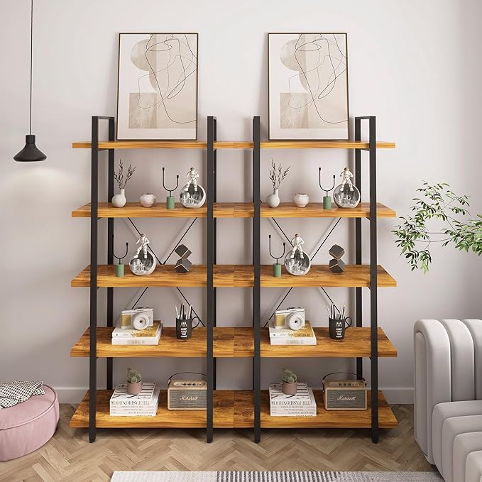 Tall Bookshelf with Large Storage,5 Tier Bookcase in Bedroom,Living Room and Office,Modern Wide Bookcase Shelf for Storing Books/Plants,Brown