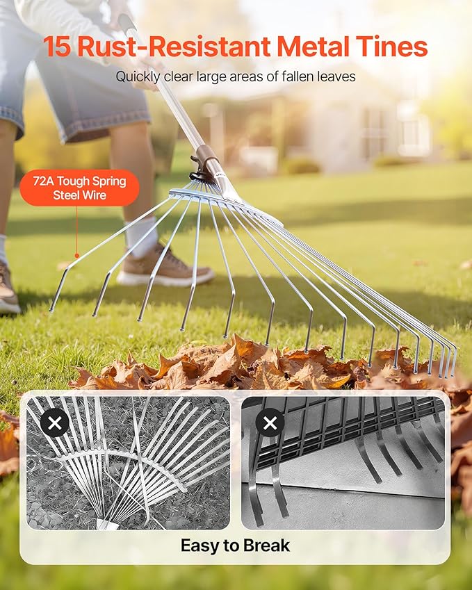 VEVOR Leaf Rake, 15 Metal Tines, Adjustable Garden Rake for Lawns with 7.5-22.4 Inch Wide Head & 32-63 Inch Long Handle, Heavy Duty Stainless Steel Small Leaves Tool for Gardening Camping Yard Grass