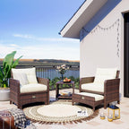 Pamapic 5 Pieces Outdoor Patio Wicker Chairs Set with Ottoman, Outside Conversation Furniture Set with Cushions and Coffee Table for Balcony Porch Lawn Garden (Cream Cushion+ Umber Rattan)