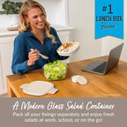 Bentgo Glass All-in-One Salad Container - Large 61-oz Salad Bowl with Lid, 4-Compartment Bento-Style Tray, 3-oz Sauce Container, & Reusable Fork - Dishwasher, Microwave, & Oven Safe (White Stone Tan)