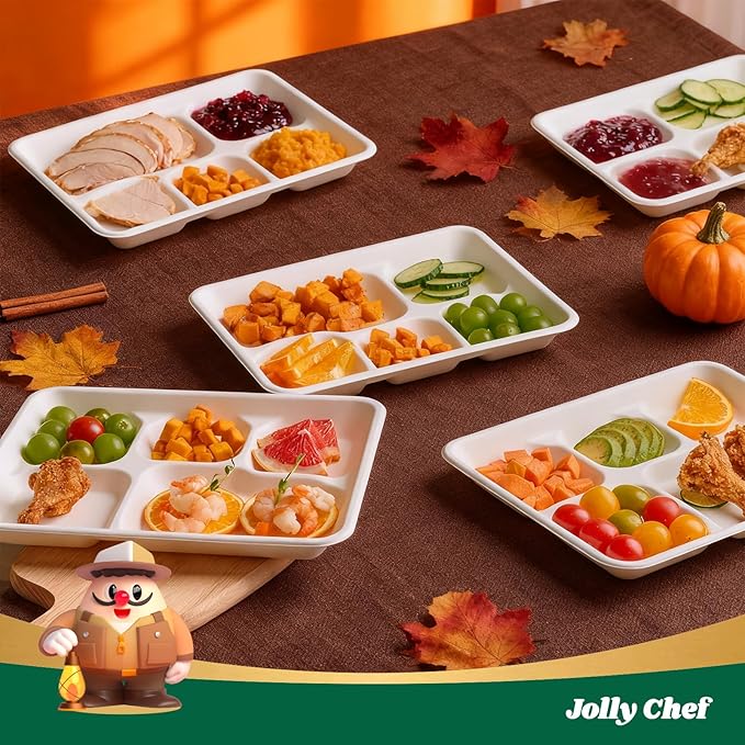 JOLLY CHEF Compostable 𝟱 Compartment Paper Plates 10*8.25*1 𝗶𝗻𝗰𝗵 [𝟱𝟬𝟬 𝗣𝗮𝗰𝗸] Small Heavy Duty Divided Disposable White Eco-Friendly Biodegradable Food Tray for School Lunch Thanksgiving Day