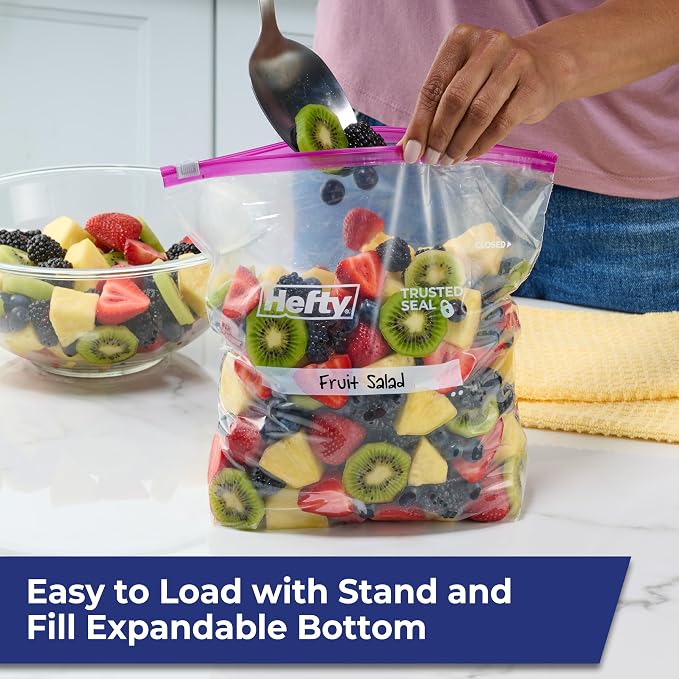 Hefty Slider Storage Bags, Gallon Size, 15 Count (9 Pack), 135 Total | Bulk Pack, Gallon Storage Bags, Store Food, Snacks, Toiletries, Writeable Label, Stand and Fill, Slider Closure