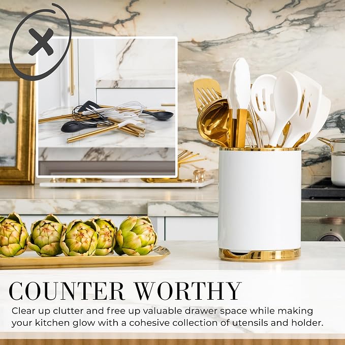 STYLED SETTINGS White and Gold Cooking Utensils Set, 13-Piece | Kitchen Set with White Ceramic Utensil Holder and Stackable Gold Spoon Rest - Luxury Kitchen Accessories for Stylish Cooking
