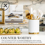 STYLED SETTINGS White and Gold Cooking Utensils Set, 13-Piece | Kitchen Set with White Ceramic Utensil Holder and Stackable Gold Spoon Rest - Luxury Kitchen Accessories for Stylish Cooking