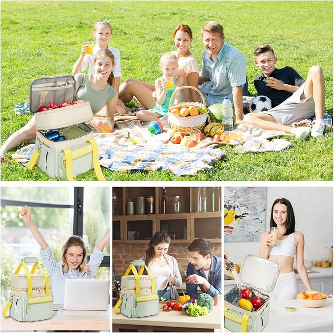 holuxer Insulated Lunch Bag & Lunch Box for Women - Double Deck Reusable Lunch Bag for men Tote Cooler Bag Leakproof Soft Expandable - Large Lunchbox for Work/Adult/Picnic/Outdoor (Green，15L)