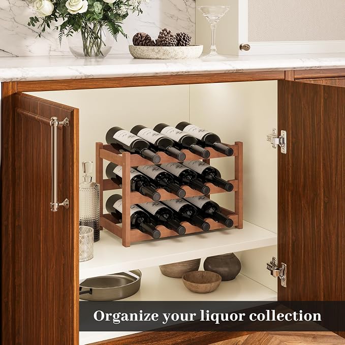 Wine Rack，Bamboo Wine Storage Cabinet Shelf，Countertop Wine Shelf- Freestanding Wine Holder for Kitchen & Pantry (Brown, 3-Tier)