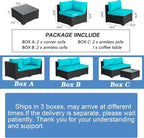 Shintenchi 7 Pieces Outdoor Patio Sectional Sofa Couch, Black PE Wicker Furniture Conversation Sets with Washable Cushions & Glass Coffee Table for Garden, Poolside, Backyard (Blue)