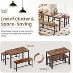 Dining Table Set for 4, Kitchen Table with 2 Benchs, Brown | Modern Functional 3 Piece Space-Saving Dining Room Table Set for Apartment, Breakfast Nook, Small Space
