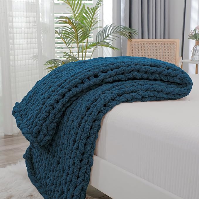 Bigacogo Chunky Knit Throw Blanket for Couch, 40x40 inches, 100% Hand Knitted with Thick Jumbo Chenille Yarn, Cozy Soft Large Rope Knot Cable Crochet Blankets for Sofa Bed Living Room, Deep Sea Blue
