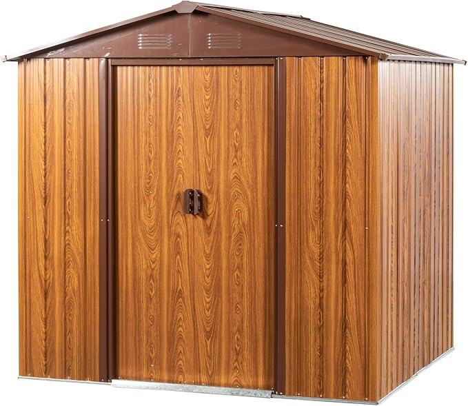 6 x 6 FT Outdoor Storage Shed, Metal Garden Shed with Floor Frame, Tool Shed Outdoor Storage with Lockable Sliding Doors & Air Vents, Storage House Waterproof for Backyard, Lawn, Coffee