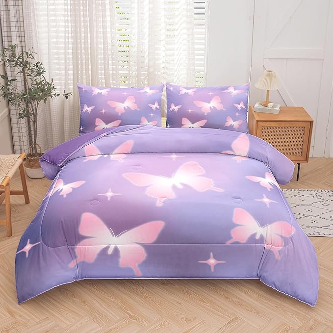 Tailor Shop Butterfly Comforter Sets Full Size,Purple Pink Butterfly Bedding Sets for Girls Kids Teens with 2 Pillowcase…