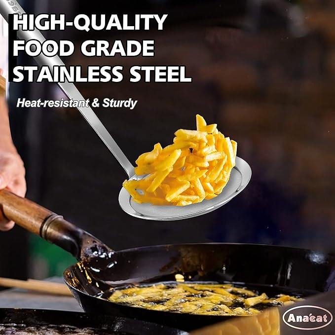 Anaeat 4" Stainless Steel Fat Skimmer Spoon - Professional Kitchen Fine Mesh Food Strainer and Hot Pot Skimmer with Long Handle for Skimming, Cooking, Frying, Grease, Gravy and Foam Diameter