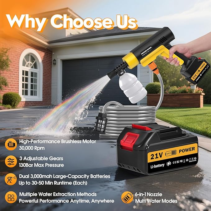 Cordless Pressure Washer, 21V Portable Pressure Washer Cordless, 130Bar Powerful car Washer with 2 * 3.0AhBattery&Multifunctional Nozzle, for Cars/Floors/Gardens