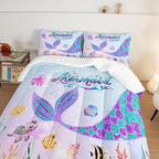 HOSIMA Mermaid Tail Comforter Set for Kids Girls Teens Bedroom Decor,Cartoon Scallop Sea Turtle Sea Horses Octopus Kawaii Bedding Set Mermaid Fish Scale Comforter,Ocean Full Size Bed in a Bag Set.