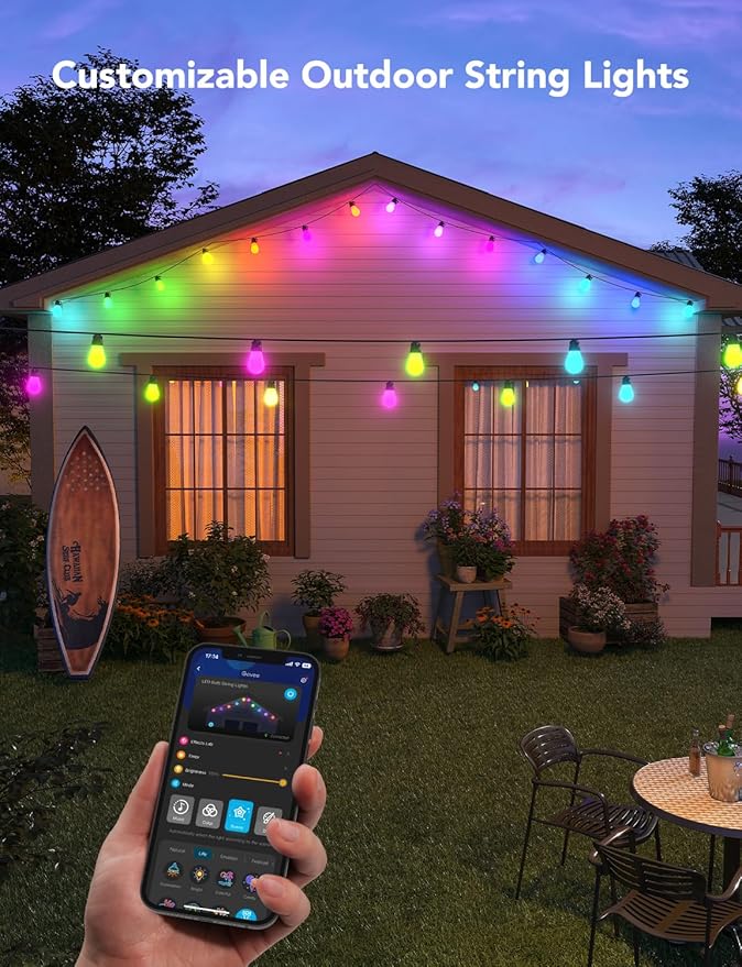 Govee Smart Outdoor String Lights H7015, 48ft RGBIC Outdoor Lights with 15 Dimmable LED Bulbs, IP65 Waterproof, Color Changing Warm White Lights with 47 Scene Modes for Patio, Backyard, App Control