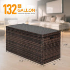 VINGLI Upgraded Version 132 Gallon Outdoor Storage Box, Patio Rattan Deck Box, Wicker Storage Bench for Indoor, Outdoor, Pool, Balcony, Yard, Garden, Brown
