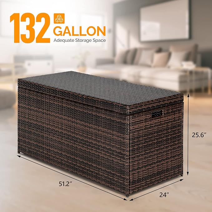 VINGLI Outdoor Wicker Storage Box, 132 Gallon Patio Rattan Deck Box, Wicker Storage Bench for Indoor, Outdoor, Pool, Balcony, Yard, Garden – Dark Brown