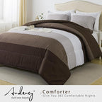 Andency Stripe Comforter Set King Size (104x90 Inch), 3 Pieces Brown Patchwork Striped Comforter, Soft Microfiber Down Alternative Comforter Bedding Set with Corner Loops
