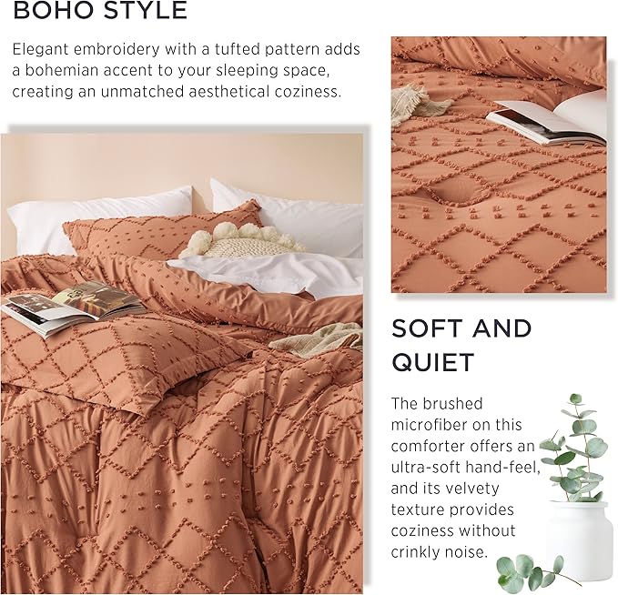 Bedsure King Size Comforter Set - Pumpkin Comforter, Boho Tufted Shabby Chic Bedding Comforter Set, 3 Pieces Vintage Farmhouse Bed Set for All Seasons, Fluffy Soft Bedding Set with 2 Pillow Shams