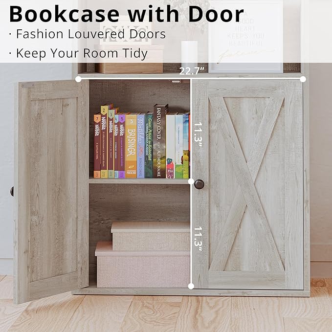 IRONCK Industrial Bookshelves and Bookcases with Doors Floor Standing 6 Shelf Display Storage Shelves 70 in Tall Bookcase for Home Office, Living Room
