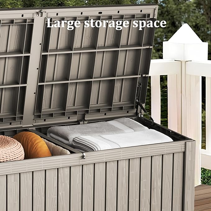 200 Gallon Coffee Resin Deck Box - Rustic Wood-Look, Waterproof & Lockable Outdoor Storage for Garden Tools, Patio Essentials - All-Weather Container for Farmhouse Decks, Backyards