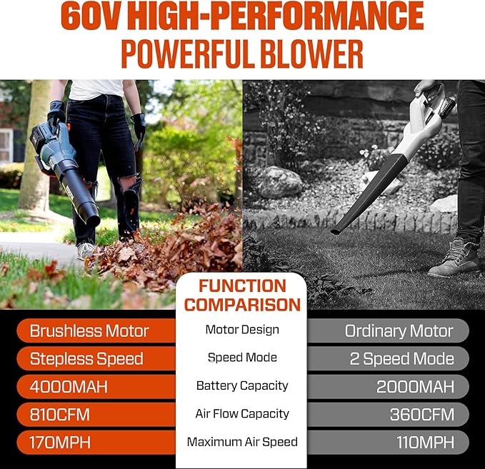 SENIX Leaf Blower Cordless, 60V Max 1300W Brushless Electric Leaf Blowers, 810 CFM & 170 MPH, Stepless Speed, Cruise Control, 60V 4.0Ah Battery & Charger Included,Blowers for Lawn Care, Yard, Garden