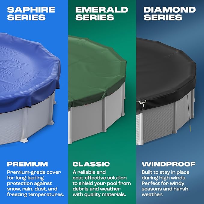 Yankee Diamond Series Pool Covers for Above Ground Pools | All-Weather, Windproof, Light 18ft Round Pool Cover w/ 6 Screw-In Pegs, 6 Ropes | 3 Mounting Methods, Strong Fastenings for Triple Protection