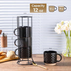 GBhome 12 OZ Stackable Coffee Mugs Set of 4, Ceramic Black Coffee Cups Set | Coffee Mugs With Stand, Dishwasher&Microwave Safe, 4 Assorted Designs