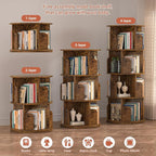 Rotating Bookshelf, Corner Bookshelf, 360 Display Wood Spinning Bookcase Storage Rack, Floor Standing Revolving Bookcase Narrow Book Shelf Organizer for Small Space, Bedroom, Rustic Brown