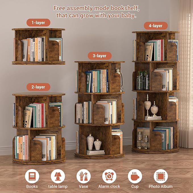 Rotating Bookshelf, Corner Bookshelf, 360 Display Wood Spinning Bookcase Storage Rack, Floor Standing Revolving Bookcase Narrow Book Shelf Organizer for Small Space, Bedroom, Rustic Brown