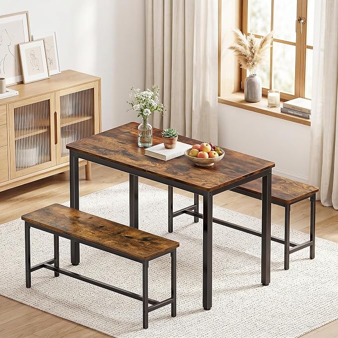 Dining Table Set for 4, Kitchen Table with 2 Benchs, Brown | Modern Functional 3 Piece Space-Saving Dining Room Table Set for Apartment, Breakfast Nook, Small Space