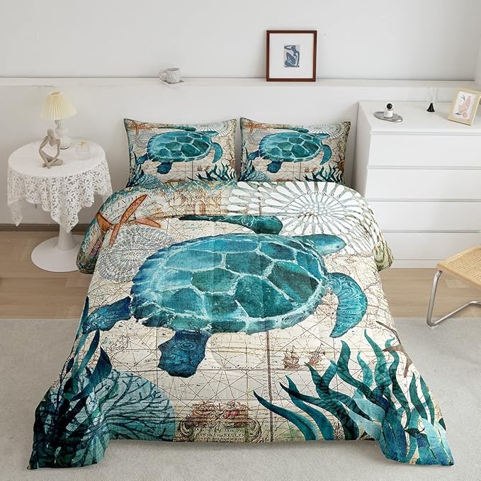 Turtle Bedding Teal Turtle Comforter Set Turquoise Ocean Themed Mediterranean Style Printed Design Ocean Turtle Down Comforter Quilted Duvet Set Full Size 1 Comforter 2 Pillowcases (Full, Turtle)