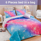A Nice Night 6Pcs Gradient Glitter Bedding Set for Girls, Colorful Rainbow Galaxy Comforter Set, Ultra Soft Bedding Sets (Pink-Blue,Twin 6Pcs)