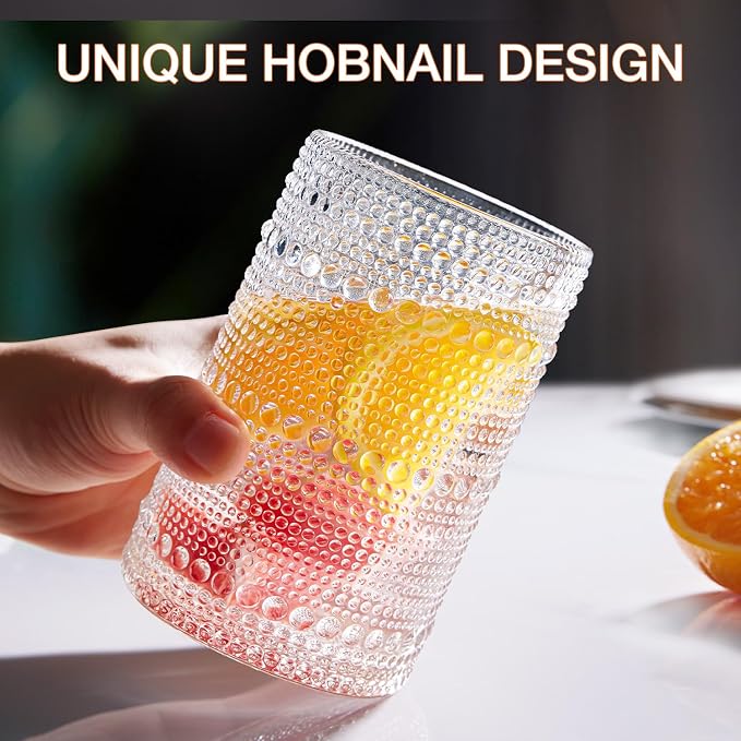 Hobnail Drinking Glass Set of 8, 4 Highball Glasses 15oz,4 Rocks Glass 12oz | Mixed Drink Cocktail Glass, Vintage Embossed Glassware Sets for Whiskey,mocktails, Water & Juice Drinkware