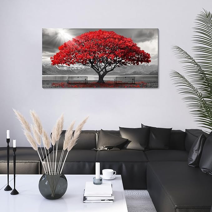 AJAZIKO Red Wall Art - Modern Framed Wall Art for Living Room - Red Tree Black and White Landscape Canvas Prints Posters & Prints for Home Office Bedroom Decorations - Large Wall Pictures 20×40IN