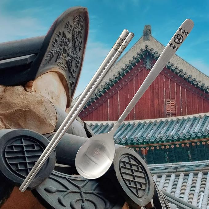 [5 Sets] [Made in Korea] Korean Sticky Rice Spoon Chopsticks Set Gold Titanium Plating 304 Stainless Steel Tableware Cutlery Set Mukbang Chopsticks (Korean Palace Pattern, 5 Sets)