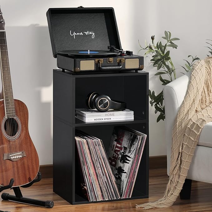 YAHARBO 2 Cube Bookshelf, Black Record Player Stand with Vinyl Storage Up to 100 Albums, Horizontal Book Shelf, Small Cubby Bookcase with Storage Organizer, Turntable Stand for Living Room, Bedroom