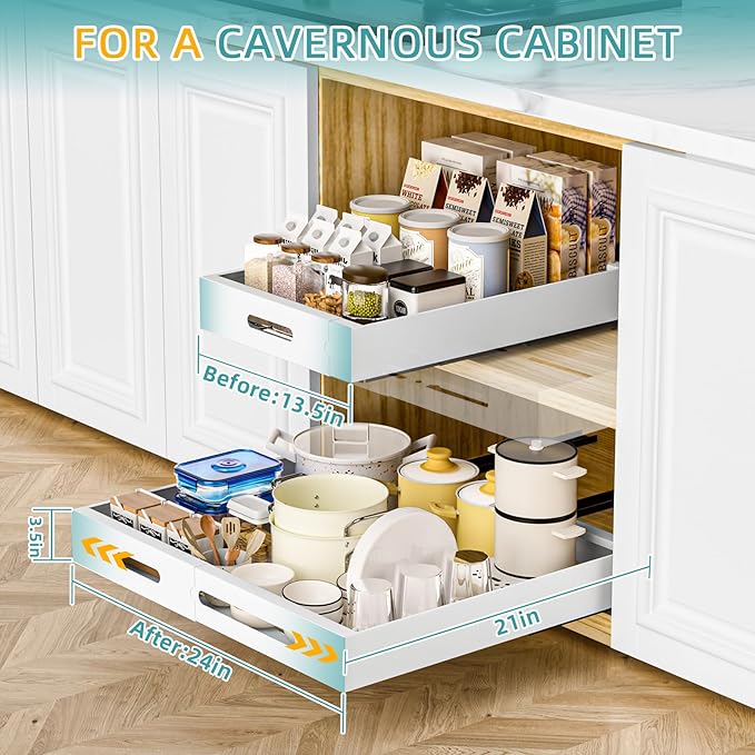 HBL' 2 Pack | 21" Deep Pull Out Cabinet Organizer Adhesive, (13.8" to 22.0") Width Expandable Sturdy Carbon Steel Roll-Out Drawers for Face Frame or Frameless Cabinets,Slide-Out Shelves for Pantry.