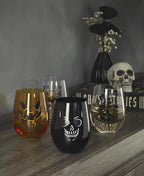 Oneida Vintro Halloween Stemless Wine Glasses, Set of 4 | dishwasher safe | skeleton and bat designs | halloween party glassware | 5 inch, 18oz, halloween kitchen decor