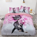 Cat Comforter Set Queen Size for Kids Pink Feathers Black Cat 3Pcs Bedding Set for boys and Girls (1Summer Comforter+ 2 Pillowcases) Lovely Animal Pets Duvet Set